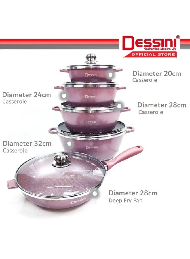 DESSINI ITALY Granite Aluminium Non Stick Casserole Pot Bowl Deep Fry Pan Cookware Tool (12 Pcs) ( Dark Purple ) - Image 4